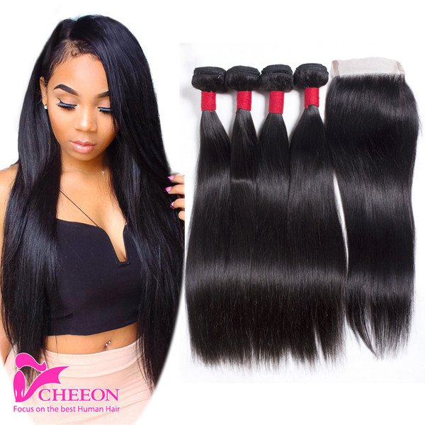 Indian virgin hair 4 bundles with closure Indian virgin hair straight unprocessed Indian straight Human hair weave with closure