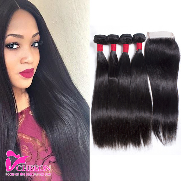 Peruvian hair straight with closure 4 bundles with closure 8A grade unprocessed human hair bundles Peruvian virgin hair straight