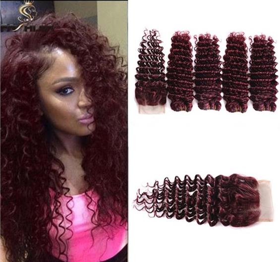 Burgundy Lace Closure Deep Wave Brazilian Human Hair Wine Red Deep Curly 99j Hair Extension Weave Wavy 4 Bundles 18inch With 16inch Closure