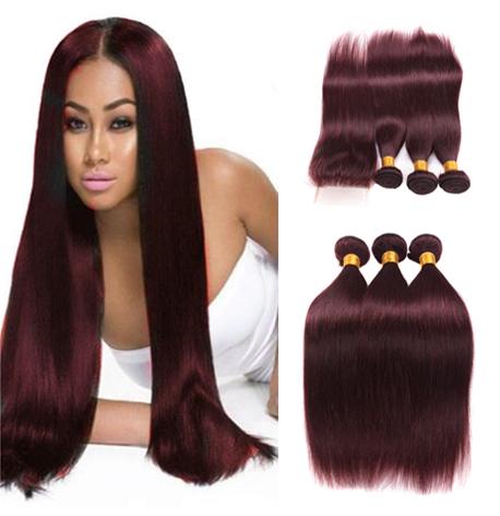 Lace Closure With 3 Bundles Burgundy Brazilian Straight Human Hair 99J Straight Human Hair Extensions Red Color Hair