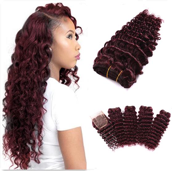 Burgundy Brazilian Deep Wave Hair Extensions 99J Wine Red Brazilian Human Hair Weaves Red Color Hair Bundles With Closure