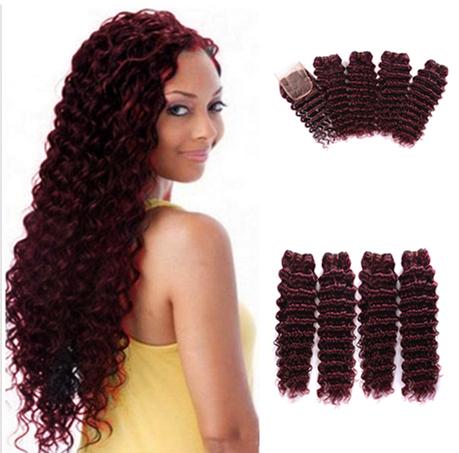 9A Burgundy Deep Wave Human Hair 4 Bundles With Lace Closure 99J Brazilian Human Hair Weaves Wine Red Human Hair