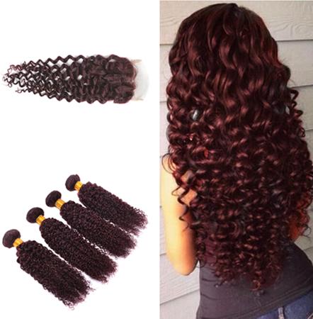 9A Kinky Curly Human Hair Bundles With Lace Closure 99J Red Color 100% Human Hair Weaves Wine Red Brazilian Human Hair Extensions