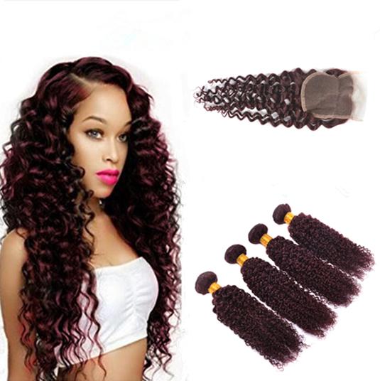 99J Burgundy Wine Red Brazilian Human Hair Kinky Curly Bundles With Lace Closure Brazilian Human Hair Extensions