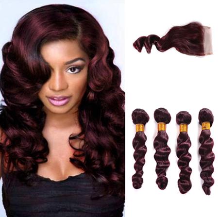 99J Brazilian Virgin Hair Loose Wave Bundles With Closure Burgundy Brazilian Human Hair Weave Brazilian Hair With Lace Closure