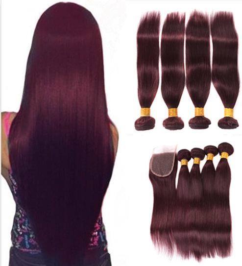 99J Brazilian Straight Hair 4 Bundles With Lace Closure Brazilian 100% Human Hair Weave Wine Red Color Brazilian Straight Virgin Hair