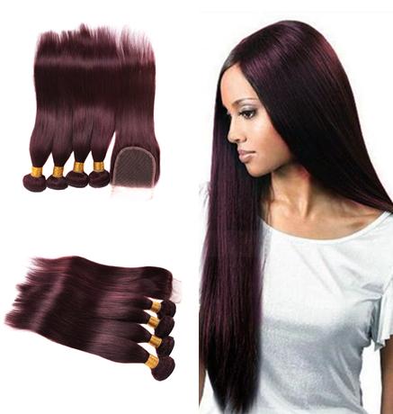 Brazilian Burgundy Straight Hair Wine Red Human Hair Weaves With Lace Closure 99J Human Hair Extensions 5Pcs Lot No Tangles