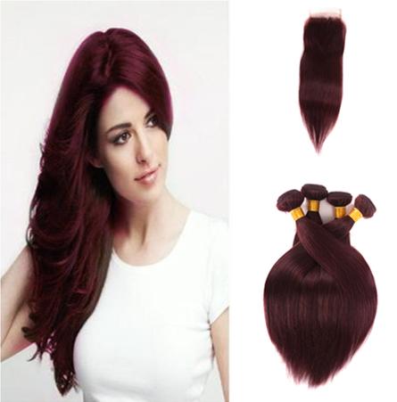 9A Burgundy Brazilian Human Hair Wine Red Color Lace Closure Brazilian Straight Hair 4 Bundles With Closure 99J Burgundy Straight Human Hair