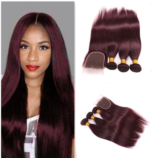 Brazilian Straight Hair Weaves 99J Burgundy Brazilian Human Hair Lace Closure Wine Red Silky Straight Hair Bundles