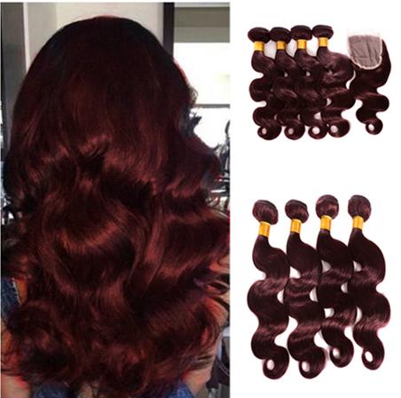 Burgundy Brazilian Body Wave Hair Lace Closure 99J Wine Red Brazilian Human Hair Body Wave Bundles Weaves 10-30inch 5Pcs Lot