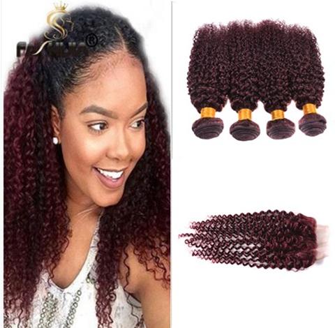 99J Burgundy Brazilian Kinky Curly Virgin Hair With Closure Brazilian Hair Weave 4 Bundle 14 16 18 20inch With 12inch Closure