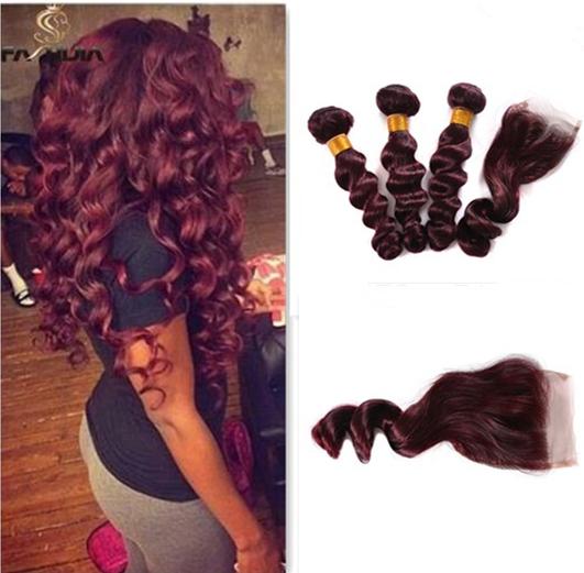 Brazilian human hair lace front with bundles loose curl burgundy wine red Loose Wave 3 bundles 16inch with 14inch closure hair extension