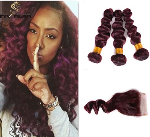 99J Brazilian deep wave weaves closure wine red human hair 3 bundles 18 20 22inch with 16inch closure burdundy deep weave extenson