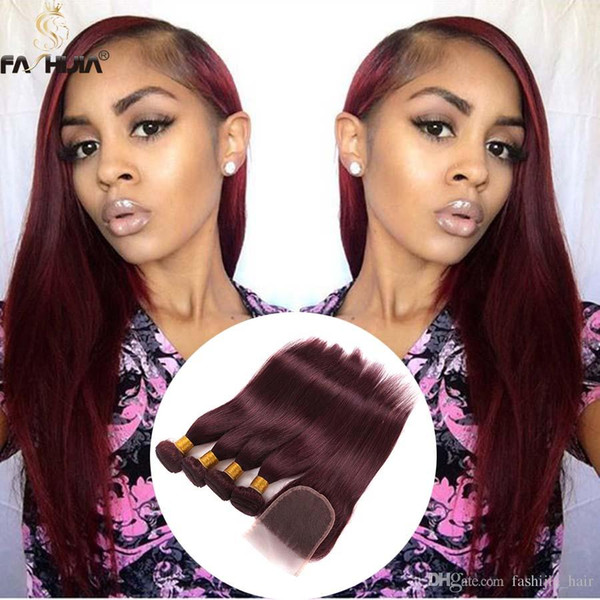 Brazilian hair bundle 14 16 18 20inch with 12inch closure human hair for black women closure with bundles extension burgundy straight weave