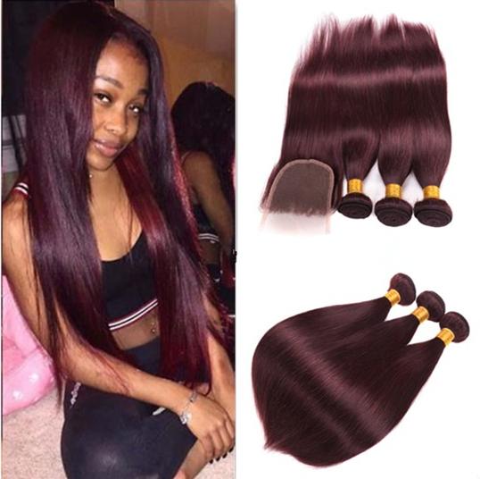 Brazilian Human Hair Bundles 16 16 16inch With 14inch Closure Burgundy Straight Wine Red 99j Straight Hair With Closure Weave Extension