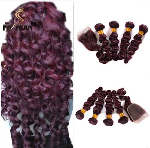 Brazilian human hair bundles Brazilian deep loose wavy weaves closure burgundy wine red deep 4 bundles 16inch with closure 14inch