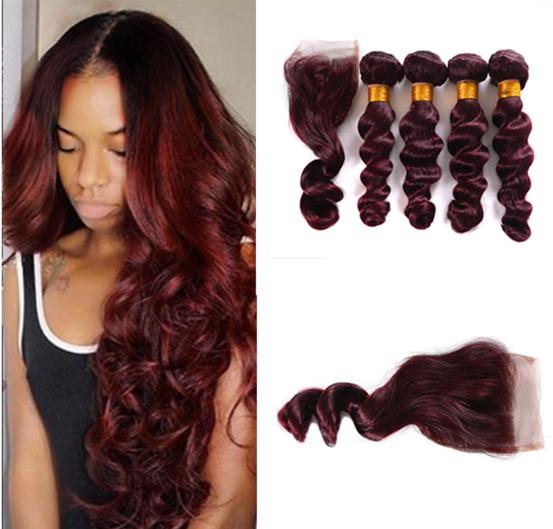 Grade 9A Loose Wave 99J Human Hair Weaves Burgundy Brazilian Virgin Hair Bundles With Lace Closure Wine Red Brazilian Human Hair Extensions