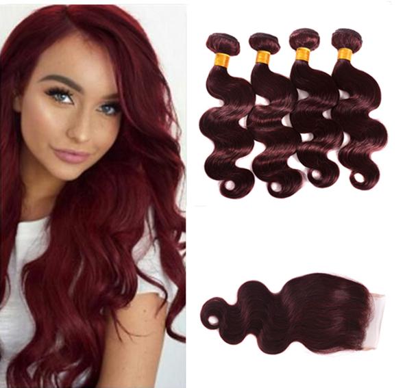 Burgundy Brazilian Virgin Hair With Closure Body Wave Wine Red Raw Brazilian Human Hair Bundles With Closure 99J Burgundy Hair With Closure