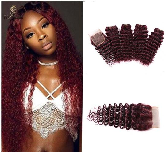 Brazilian human hair extension Afro curly deep wave burgundy wine red hair 4 bundles 14 16 18 20inch with 12inch closure weaves closure