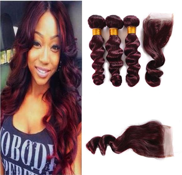 4Pcs Lot Burgundy Brazilian Human Hair Weave 99J Brazilian Virgin Hair Loose Wave 3 Bundles With Lace Closure Wine Red Color Hair