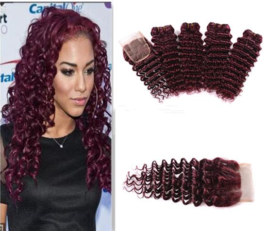 99J Wine Red Deep Wave Virgin Hair With 4x4 Lace Closure 5Pcs Lot 9A Burgundy Brazilian Human Hair Deep Wave Bundles With Closure