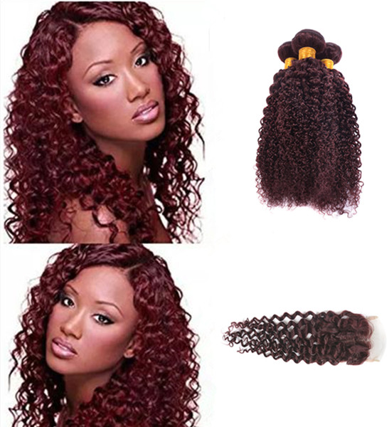 99J Wine Red Kinky Curly Virgin Hair 3 Bundles With Lace Closure Weave 4Pcs Lot 9A Burgundy Brazilian Human Hair Extensions Burgundy Hair