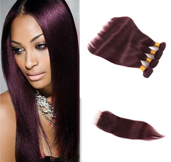 99J Straight Hair 4 Bundles With Lace Closure Burgundy Brazilian 100% Human Hair Weave Red Color Brazilian Straight Virgin Hair