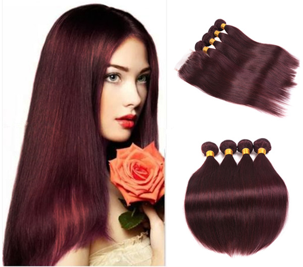 99J Brazzilian Human Hair Straight 4 Bundles With Lace Closure Burgundy Brazilian Virgin Hair Extensions Red Color Human Hair Weaves