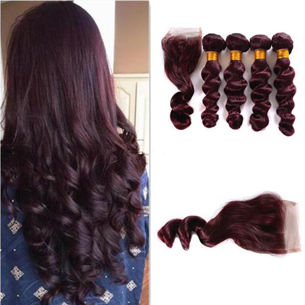 9A Burgundy Brazilian Virgin Hair Weave 99J Red Brazilian Human Hair Loose Wave Bundles With Lace Closure 5Pcs Lot 10-30Inch Wholesale