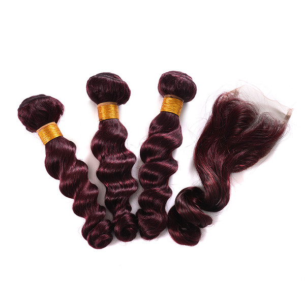 99J Burgundy Brazilian Hair Loose Wave With Closure Wine Red Brazilian Human Hair Red Color Brazilian Hair Bundles With Lace Closure Weave