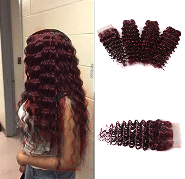 Brazilian Virgin Hair Burgundy Deep Wave Bundles With Lace Closure Weave 4Pcs Lot 99J Red Color Brazilian 100% Human Hair Extensions