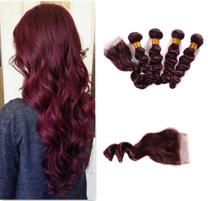 99J Wine Red Loose Wave Hair Extensions Burgundy Brazilian Human Hair 4 Bundles With Lace Closure Brazilian 100% Virgin Hair Weave