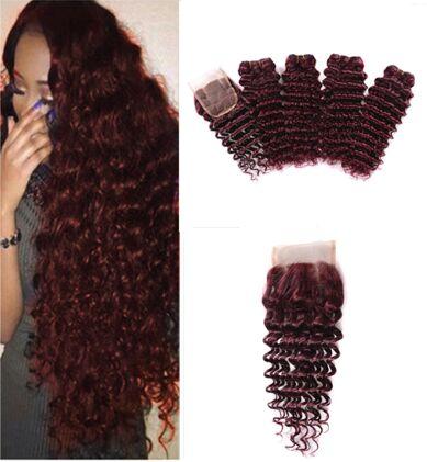 9A Wine Red Hair Deep Wave Bundles 99J Burgundy Brazilian Human Hair Bundles With Lace Closure Brazilian 100% Virgin Hair Extensions