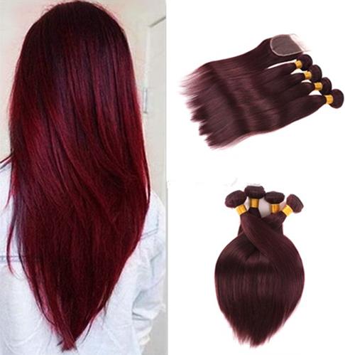 99J Red Color Brazilian Straight Hair 5Pcs Lot 10-30inch Burgundy Brazilian Human Hair Bundles With Closure Brazilian Virgin Hair Extension