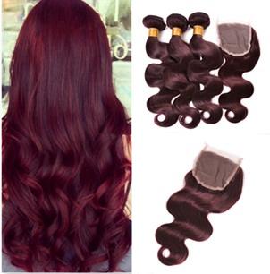 9A Burgundy Body Wave Bundles With Closure 99J Wine Red Brazilian Virgin Hair Extension Burgundy Human Hair 3 Bundles With Lace Closure