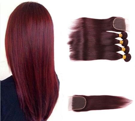 9A Silky Brazilian Straight Virgin Hair Bundles Extension 99J Wine Red Remy Human Hair 4 Bundles with Lace Closure Weave