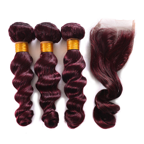 99J Wine Red Brazilian Virgin Hair Loose Wave 3 Bundles with Lace Closure 9A Burgundy Brazilian 100% Human Hair Extension