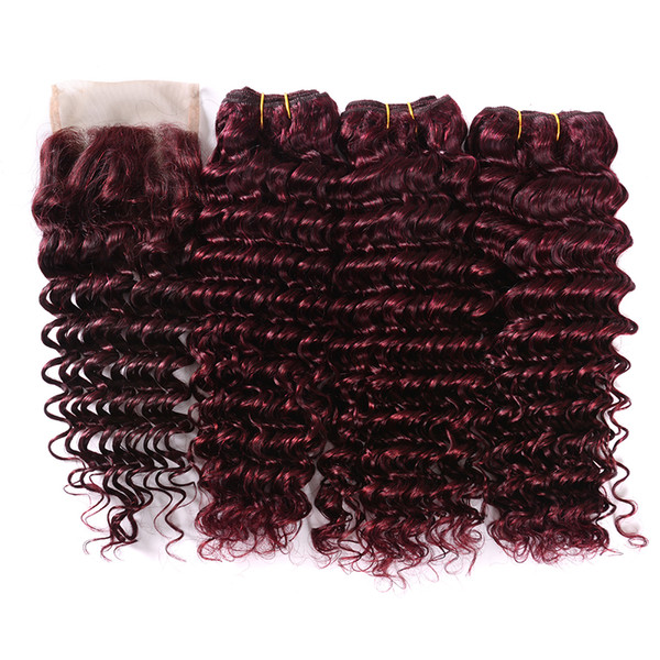 9A Grade Virgin Hair Burgundy Deep Wave Bundles with Lace Closure 99J Wine Red Brazilian Human Hair Extension Wholesale Price