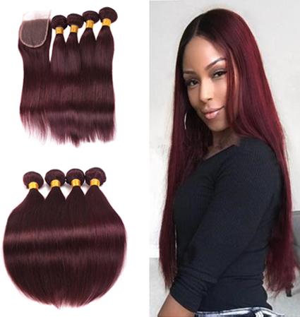 Burgundy Brazilian Hair Bundles Human Hair Weaves Straight 10-30inch 99J Wine Red Brazilian Human Hair Straight Bundles With LaceClosure