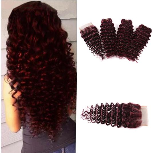 9A Brazilian Virgin Hair 4Pcs Lot Burgundy Brazilian Deep Wave Human Hair 3 Bundles With Lace Closure 99J Wine Red Human Hair Wholesale