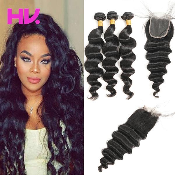 peruvian Virgin Hair With Closure Extensions 3 Bundles peruvian loose wave Hair With 4*4 Lace Closure Unprocessed Remy Human Hair Weave