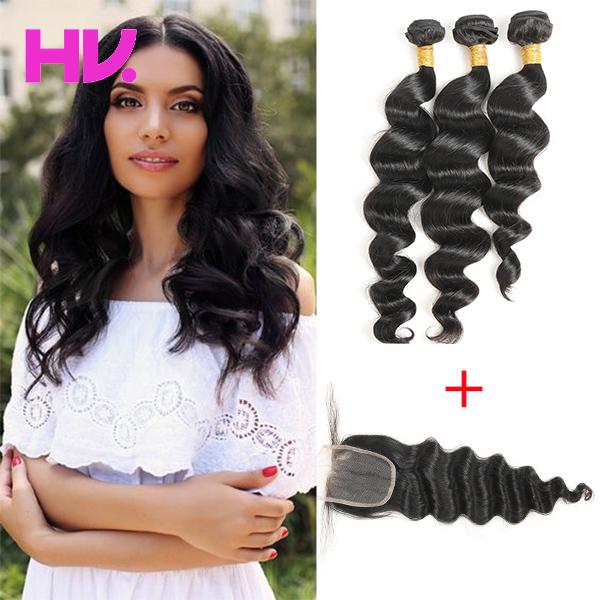 malaysian Virgin Hair With Closure Extensions 3 Bundles malaysian loose wave Hair With 4*4 Lace Closure Unprocessed Remy Human Hair Weave