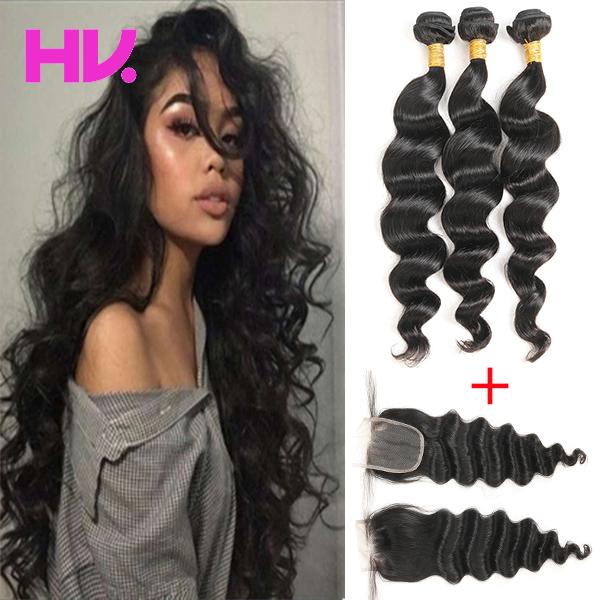 indian Virgin Hair With Closure Extensions 3 Bundles indian loose wave Hair With 4*4 Lace Closure Unprocessed Remy Human Hair Weave