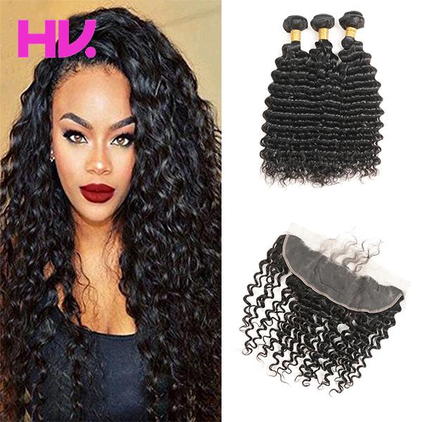 8a Brazilian deep wave Hair With Closure 3 Bundles Unprocessed Virgin Human Hair Bundles With 13*4 Lace Closure Hair Extensions