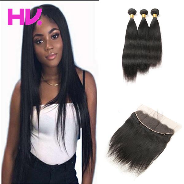 indian Virgin Human Hair straight With Lace Frontal Closure 3 Bundles With 13*4 Ear to Ear Lace Frontal Closure hair Weaves Closure