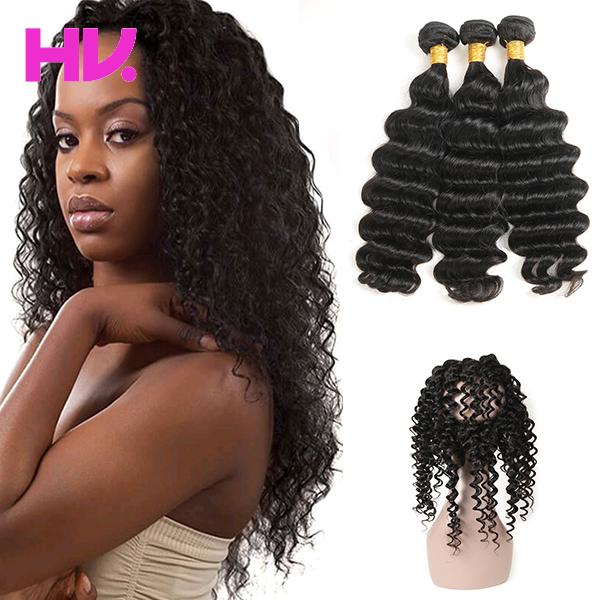 8a peruvian deep Wave Hair Weaves With Closure 360 Lace Frontal With Bundles 360 lace Virgin remy Human Hair With Bady Hair