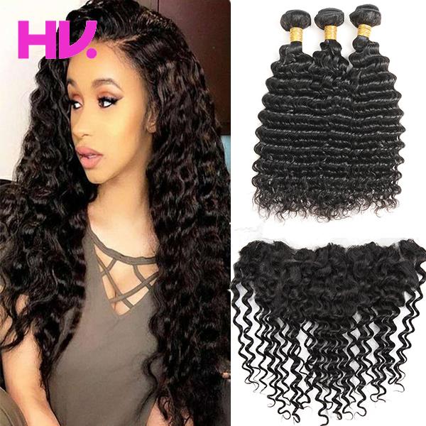 8a malaysian deep wave Hair With Closure 3 Bundles Unprocessed Virgin Human Hair Bundles With 13*4 Lace Closure Hair Extensions