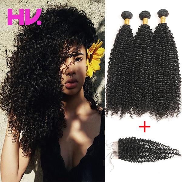 8a peruvian kinky curly Hair With Closure 3 Bundles Unprocessed Virgin Human Hair Bundles With 4*4 Lace Closure remy Hair Extensions