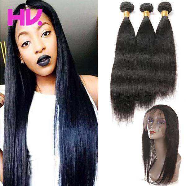 8a peruvian straight Hair With Closure 3 Bundles Unprocessed Virgin Human Hair Bundles With 360 lace frontal Hair Extensions