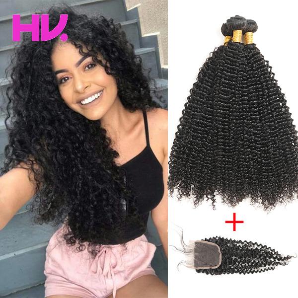 8a malaysian kinky curly Hair With Closure 3 Bundles Unprocessed Virgin Human Hair Bundles With 4*4 Lace Closure remy Hair Extensions